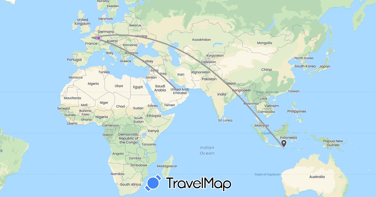 TravelMap itinerary: driving, plane, train, motorbike in France, Indonesia, Qatar (Asia, Europe)